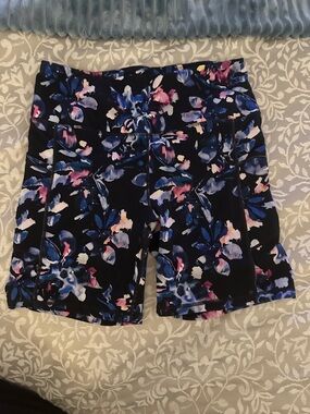 GAIAM Women's Black Floral Bike Shorts with Blue & Pink Accents